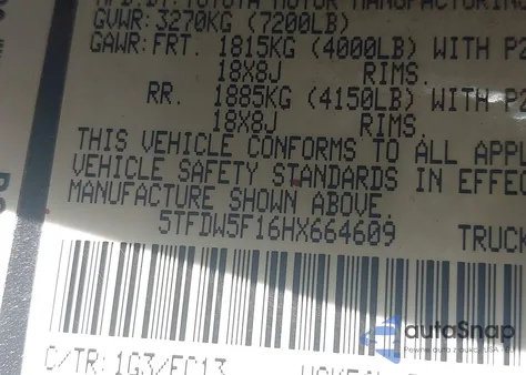 2017 Toyota Tundra Sr5 5.7L V8 z USA, uszkodzony, nr VIN 5TFDW5F16HX664609